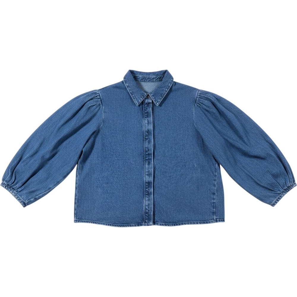 Scoop Womens Blue Denim Puff Sleeve Shirt Medium Wash Hidden Button XL 16-18